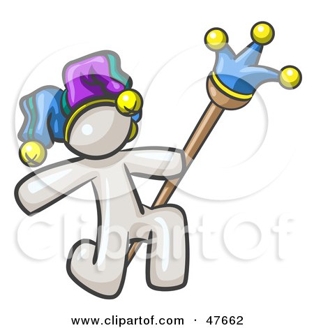 Royalty-Free (RF) Clipart Illustration of a White Design Mascot Man Court Jester Kneeling by Leo Blanchette