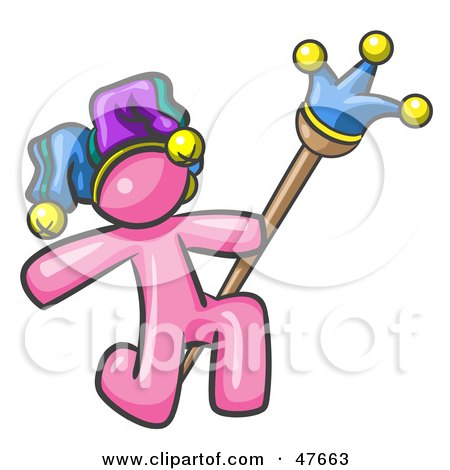 Royalty-Free (RF) Clipart Illustration of a Pink Design Mascot Man Court Jester Kneeling by Leo Blanchette