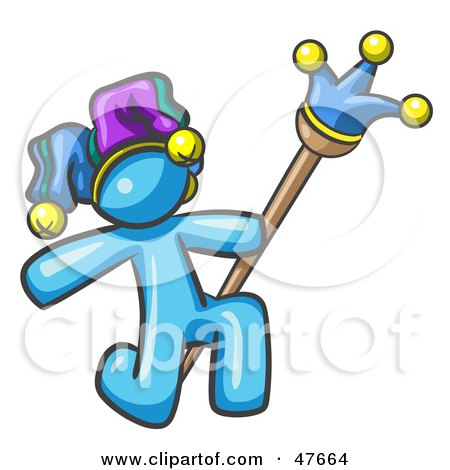 Royalty-Free (RF) Clipart Illustration of a Blue Design Mascot Man Court Jester Kneeling by Leo Blanchette
