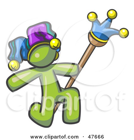 Royalty-Free (RF) Clipart Illustration of a Green Design Mascot Man Court Jester Kneeling by Leo Blanchette