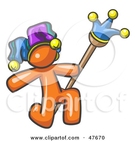 Royalty-Free (RF) Clipart Illustration of an Orange Design Mascot Man Court Jester Kneeling by Leo Blanchette
