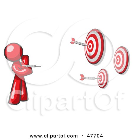 Royalty-Free (RF) Clipart Illustration of a Red Design Mascot Man Throwing Darts At Targets by Leo Blanchette