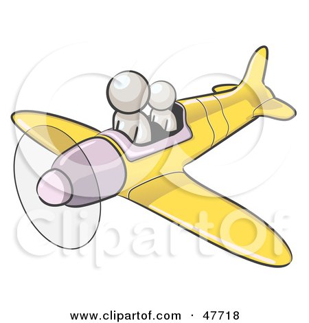 Royalty-Free (RF) Clipart Illustration of a White Design Mascot Man Flying A Plane With A Passenger by Leo Blanchette
