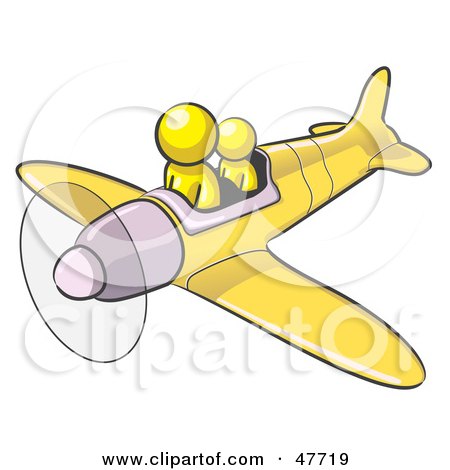Royalty-Free (RF) Clipart Illustration of a Yellow Design Mascot Man Flying A Plane With A Passenger by Leo Blanchette