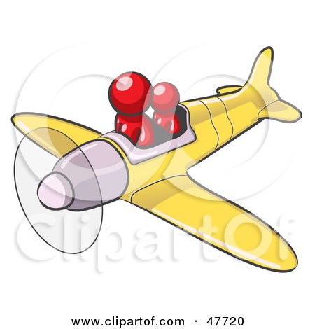 Royalty-Free (RF) Clipart Illustration of a Red Design Mascot Man Flying A Plane With A Passenger by Leo Blanchette