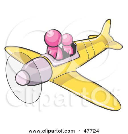 Royalty-Free (RF) Clipart Illustration of a Pink Design Mascot Man Flying A Plane With A Passenger by Leo Blanchette