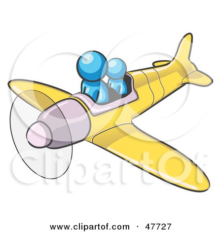 Royalty-Free (RF) Clipart Illustration of a Blue Design Mascot Man Flying A Plane With A Passenger by Leo Blanchette