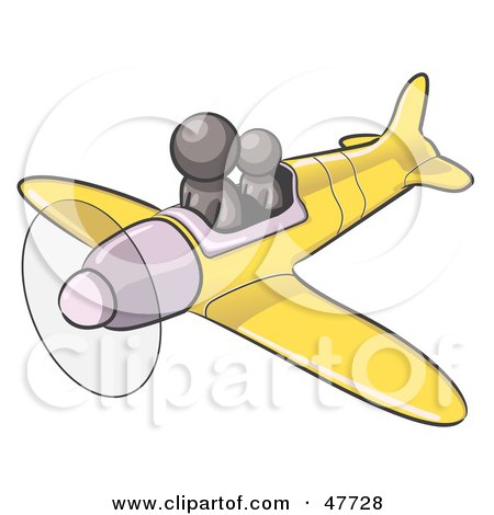 Royalty-Free (RF) Clipart Illustration of a Gray Design Mascot Man Flying A Plane With A Passenger by Leo Blanchette