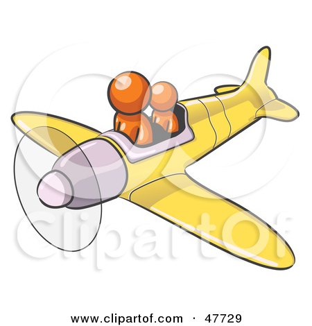 Royalty-Free (RF) Clipart Illustration of an Orange Design Mascot Man Flying A Plane With A Passenger by Leo Blanchette