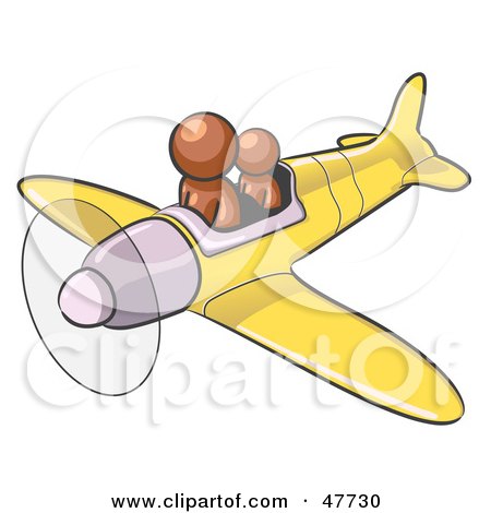 Royalty-Free (RF) Clipart Illustration of a Brown Design Mascot Man Flying A Plane With A Passenger by Leo Blanchette