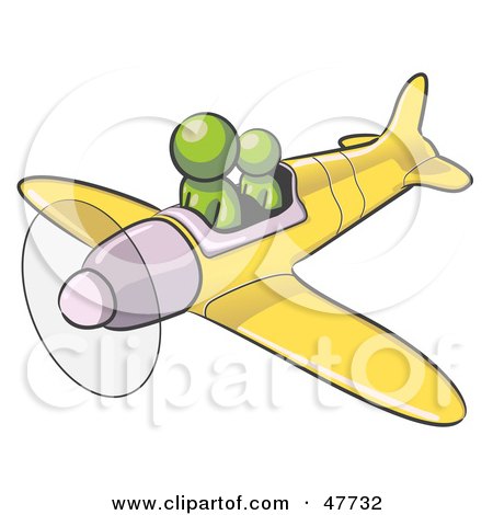 Royalty-Free (RF) Clipart Illustration of a Green Design Mascot Man Flying A Plane With A Passenger by Leo Blanchette