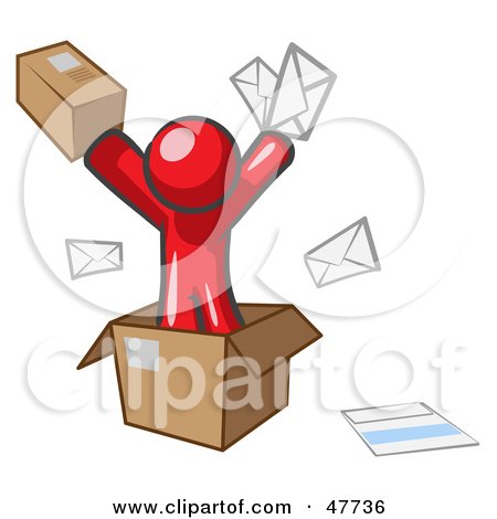 Royalty-Free (RF) Clipart Illustration of a Red Design Mascot Man Going Postal With Parcels And Mail by Leo Blanchette
