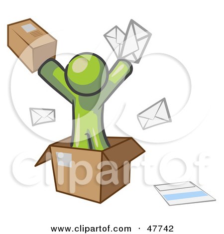 Royalty-Free (RF) Clipart Illustration of a Green Design Mascot Man Going Postal With Parcels And Mail by Leo Blanchette