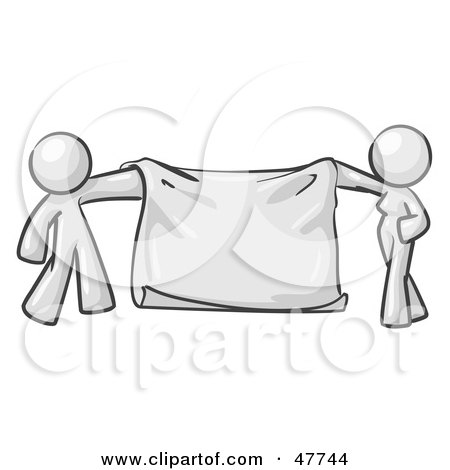 Royalty-Free (RF) Clipart Illustration of a White Design Mascot Man And Woman Holding A Blank Banner by Leo Blanchette