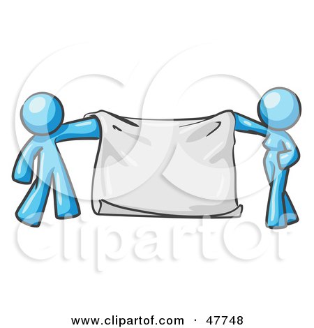 Royalty-Free (RF) Clipart Illustration of a Blue Design Mascot Man And Woman Holding A Blank Banner by Leo Blanchette