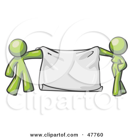 Royalty-Free (RF) Clipart Illustration of a Green Design Mascot Man And Woman Holding A Blank Banner by Leo Blanchette