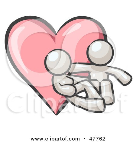 Royalty-Free (RF) Clipart Illustration of a White Design Mascot Couple Embracing In Front Of A Heart by Leo Blanchette