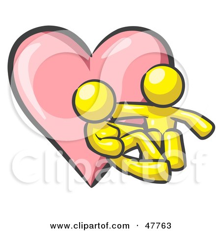 Royalty-Free (RF) Clipart Illustration of a Yellow Design Mascot Couple Embracing In Front Of A Heart by Leo Blanchette