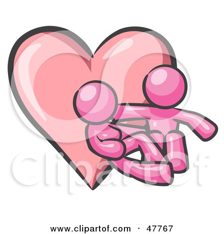 Royalty-Free (RF) Clipart Illustration of a Pink Design Mascot Couple Embracing In Front Of A Heart by Leo Blanchette