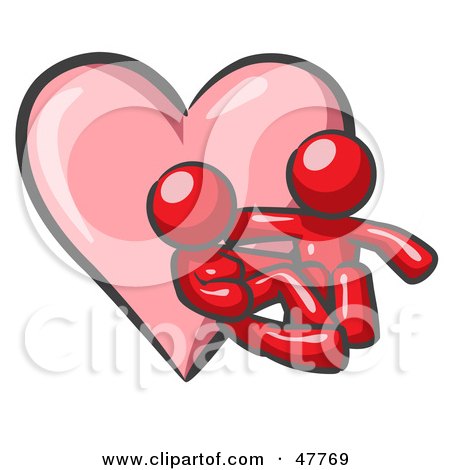 Royalty-Free (RF) Clipart Illustration of a Red Design Mascot Couple Embracing In Front Of A Heart by Leo Blanchette