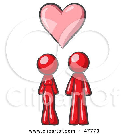 Royalty-Free (RF) Clipart Illustration of a Red Design Mascot Couple Under A Pink Heart by Leo Blanchette