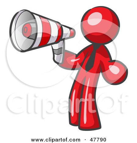 Royalty-Free (RF) Clipart Illustration of a Red Design Mascot Man Announcing With A Megaphone by Leo Blanchette