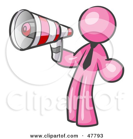 Royalty-Free (RF) Clipart Illustration of a Pink Design Mascot Man Announcing With A Megaphone by Leo Blanchette