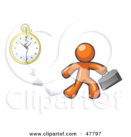 Royalty-Free (RF) Clipart Illustration of an Orange Design Mascot Man Running Late For Work Over A Crack With A Clock by Leo Blanchette