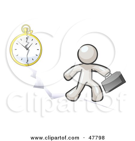 Royalty-Free (RF) Clipart Illustration of a White Design Mascot Man Running Late For Work Over A Crack With A Clock by Leo Blanchette
