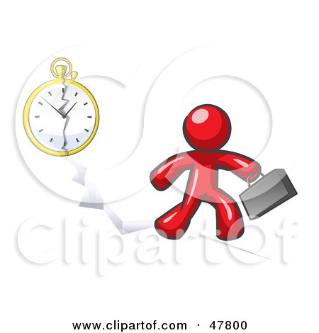 Royalty-Free (RF) Clipart Illustration of a Red Design Mascot Man Running Late For Work Over A Crack With A Clock by Leo Blanchette