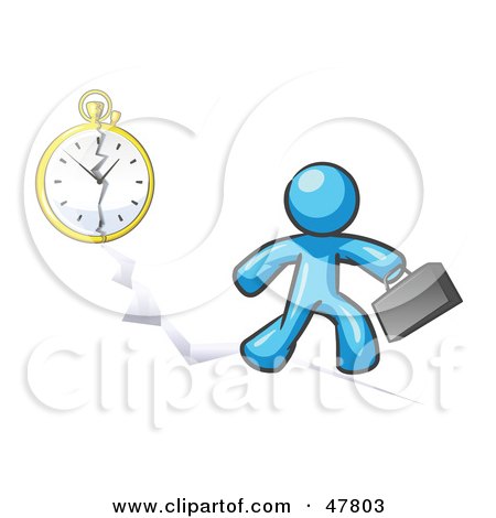 Royalty-Free (RF) Clipart Illustration of a Blue Design Mascot Man Running Late For Work Over A Crack With A Clock by Leo Blanchette