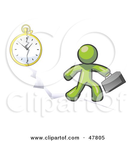 Royalty-Free (RF) Clipart Illustration of a Green Design Mascot Man Running Late For Work Over A Crack With A Clock by Leo Blanchette