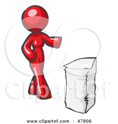 Royalty-Free (RF) Clipart Illustration of a Red Design Mascot Woman With A Stack Of Paperwork by Leo Blanchette