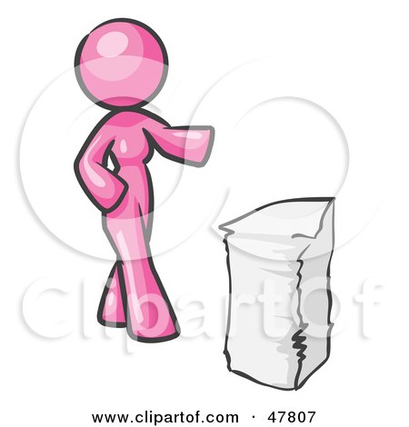 Royalty-Free (RF) Clipart Illustration of a Pink Design Mascot Woman With A Stack Of Paperwork by Leo Blanchette