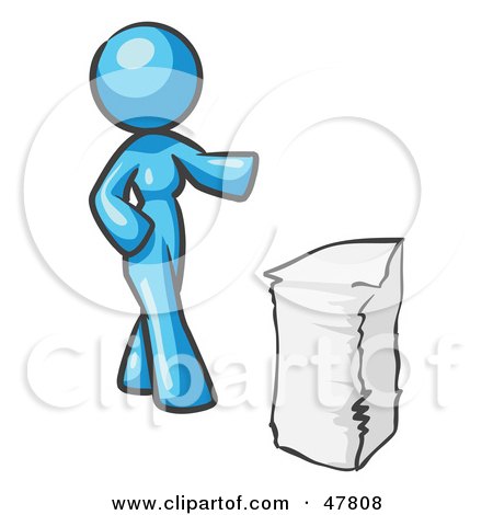 Royalty-Free (RF) Clipart Illustration of a Blue Design Mascot Woman With A Stack Of Paperwork by Leo Blanchette