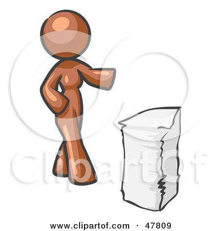 Royalty-Free (RF) Clipart Illustration of a Brown Design Mascot Woman With A Stack Of Paperwork by Leo Blanchette
