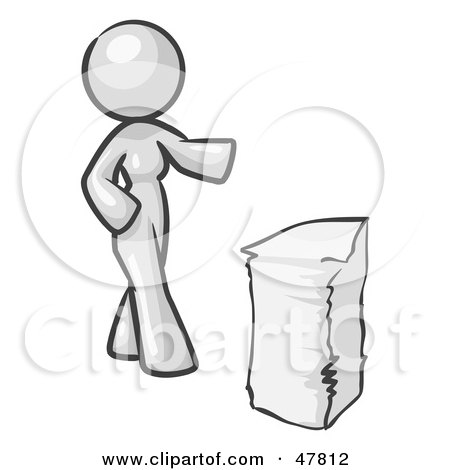 Royalty-Free (RF) Clipart Illustration of a White Design Mascot Woman With A Stack Of Paperwork by Leo Blanchette