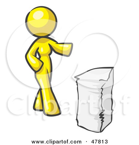 Royalty-Free (RF) Clipart Illustration of a Yellow Design Mascot Woman With A Stack Of Paperwork by Leo Blanchette