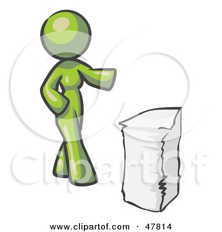 Royalty-Free (RF) Clipart Illustration of a Green Design Mascot Woman With A Stack Of Paperwork by Leo Blanchette
