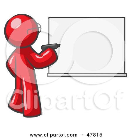Royalty-Free (RF) Clipart Illustration of a Red Design Mascot Man Writing On A White Board by Leo Blanchette