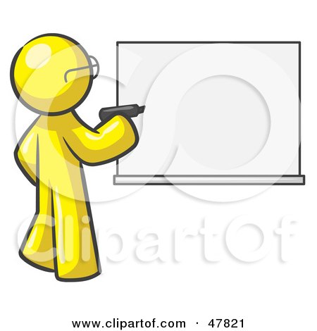 Royalty-Free (RF) Clipart Illustration of a Yellow Design Mascot Man Writing On A White Board by Leo Blanchette