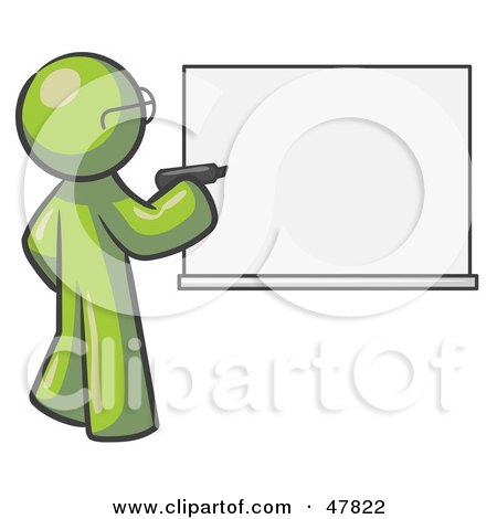 Royalty-Free (RF) Clipart Illustration of a Green Design Mascot Man Writing On A White Board by Leo Blanchette