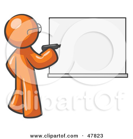 Royalty-Free (RF) Clipart Illustration of an Orange Design Mascot Man Writing On A White Board by Leo Blanchette