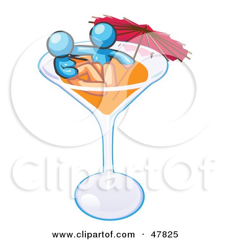 Royalty-Free (RF) Clipart Illustration of a Blue Design Mascot Couple Soaking In A Cocktail Glass With An Umbrella by Leo Blanchette