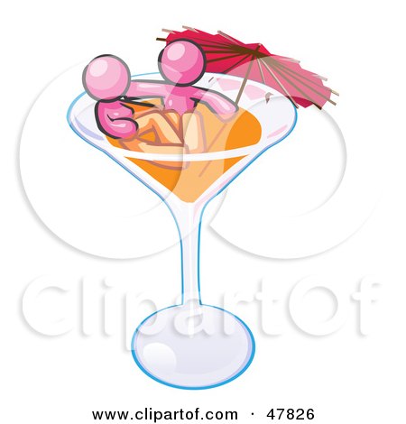 Royalty-Free (RF) Clipart Illustration of a Pink Design Mascot Couple Soaking In A Cocktail Glass With An Umbrella by Leo Blanchette