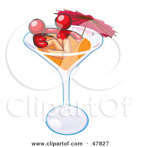 Royalty-Free (RF) Clipart Illustration of a Red Design Mascot Couple Soaking In A Cocktail Glass With An Umbrella by Leo Blanchette