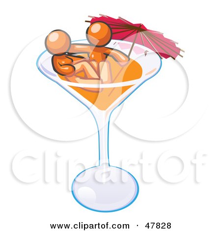 Royalty-Free (RF) Clipart Illustration of an Orange Design Mascot Couple Soaking In A Cocktail Glass With An Umbrella by Leo Blanchette