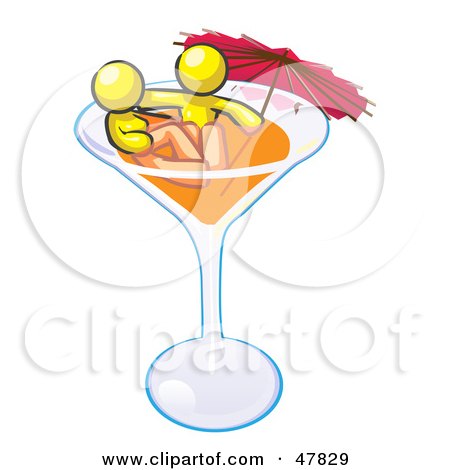 Royalty-Free (RF) Clipart Illustration of a Yellow Design Mascot Couple Soaking In A Cocktail Glass With An Umbrella by Leo Blanchette