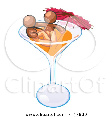 Royalty-Free (RF) Clipart Illustration of a Brown Design Mascot Couple Soaking In A Cocktail Glass With An Umbrella by Leo Blanchette