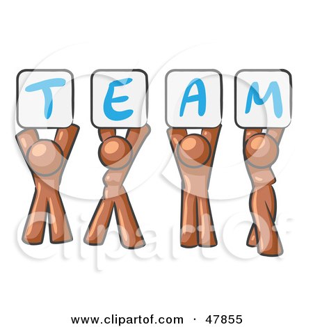 Royalty-Free (RF) Clipart Illustration of a Brown Design Mascot Group Holding Up Team Signs by Leo Blanchette